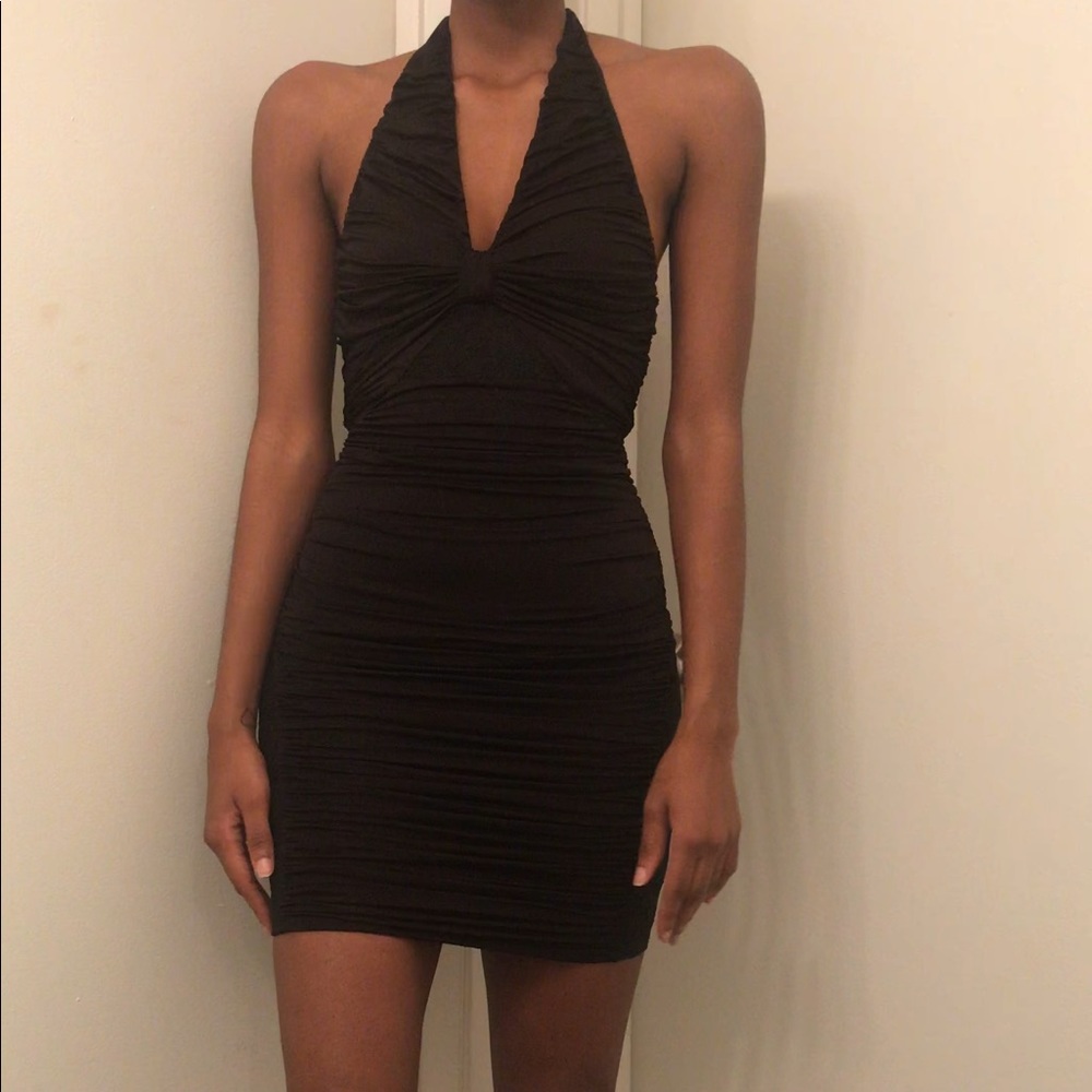 Ruched halter neck little black dress
